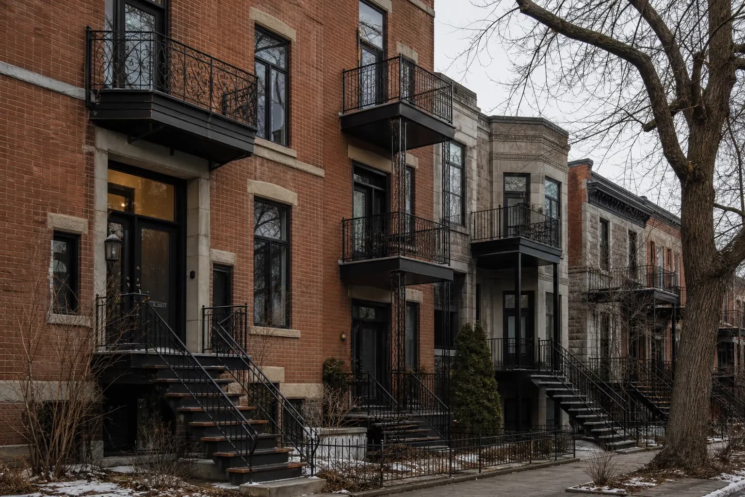 Rangée de plex montréalais en brique avec leurs escaliers extérieurs en fer forgé.